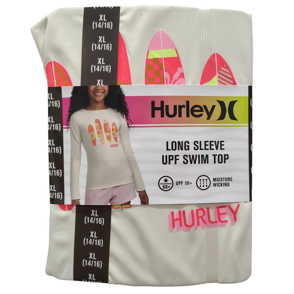 Hurley Swim Top Girls XL 14/16 Cream Long Sleeve‎ UPF 50+ Surfboard Rash Guard